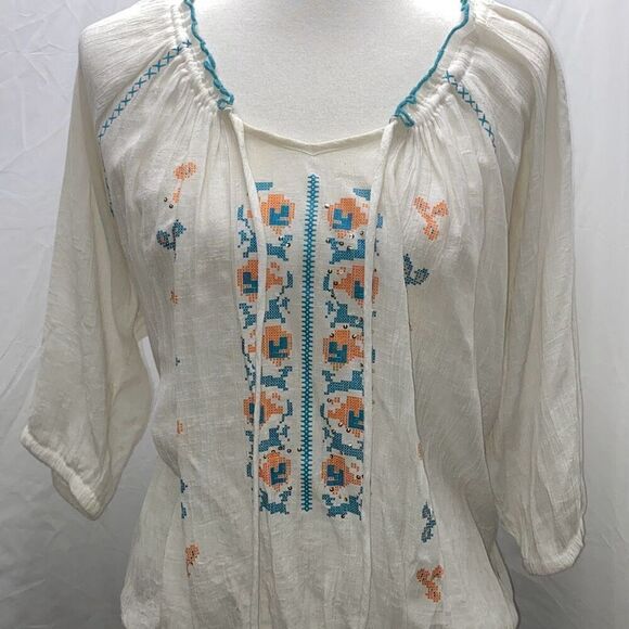 Wrangler peasant boho hippie shirt top turquoise tie neck Sz L - Picture 2 of 10